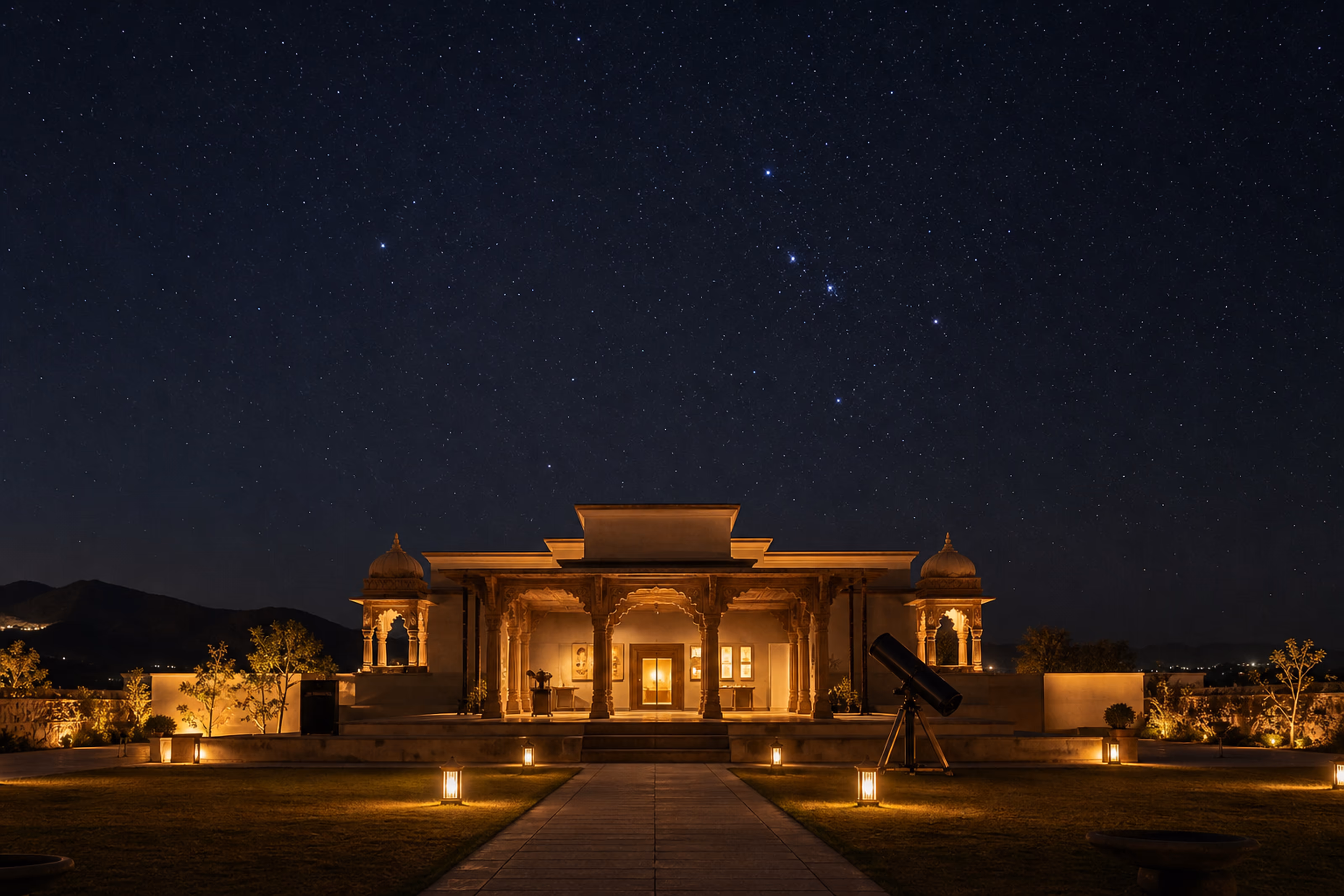 Udaipur observatory pavilion and lawn beneath the February winter sky