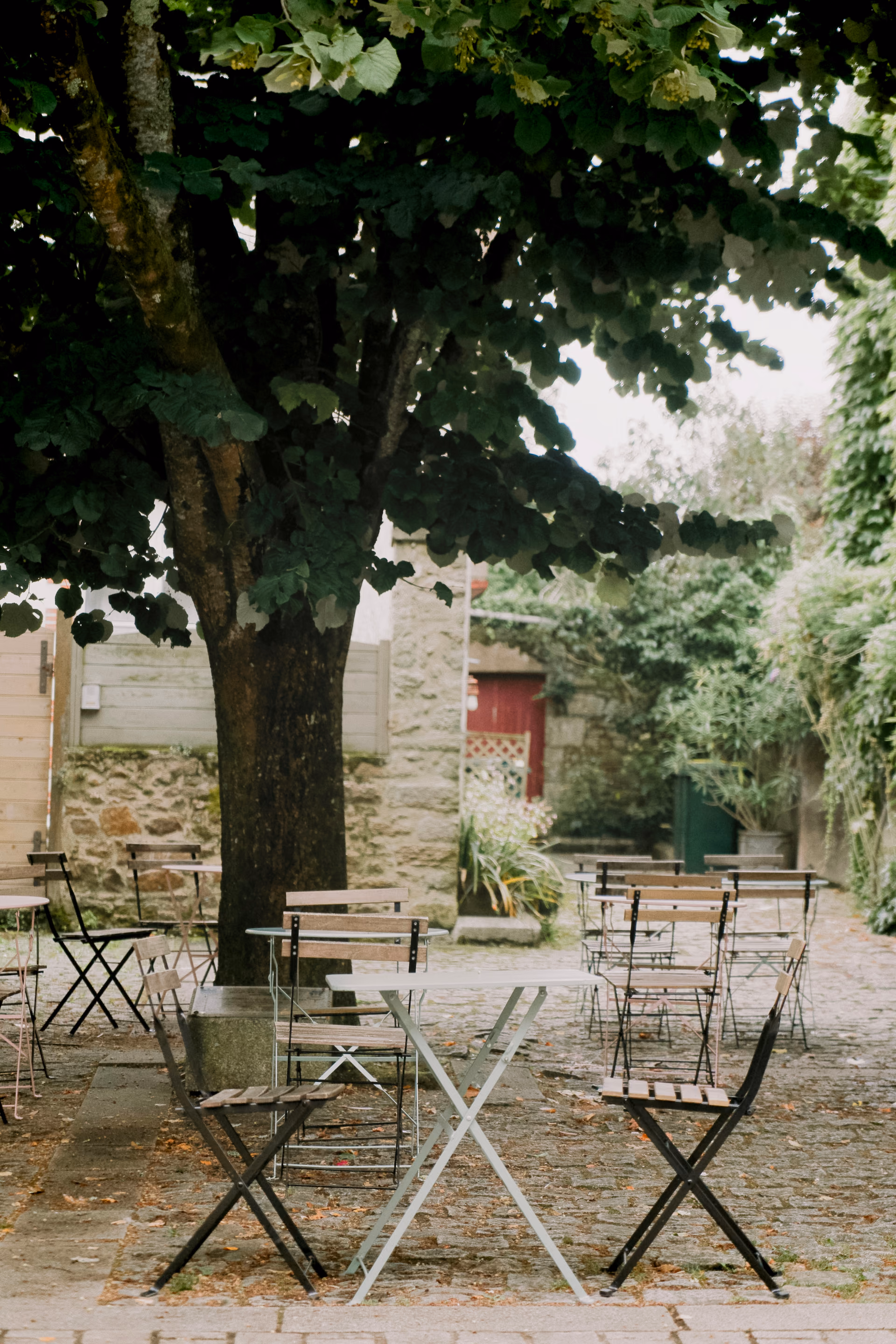 Sous les platanes, les tables attendent l'heure de l'apéritif. Beneath the plane trees, the tables wait for the hour of the apéritif.