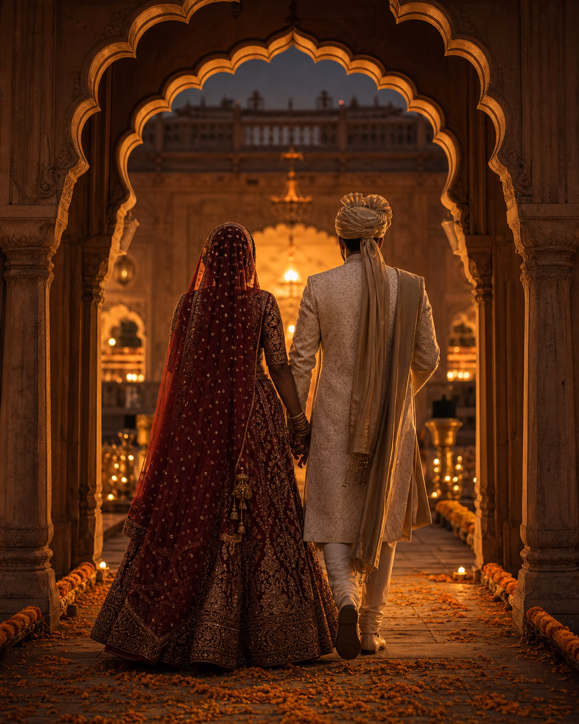 Bride and groom walking through a sandstone archway at dusk, seen from behind