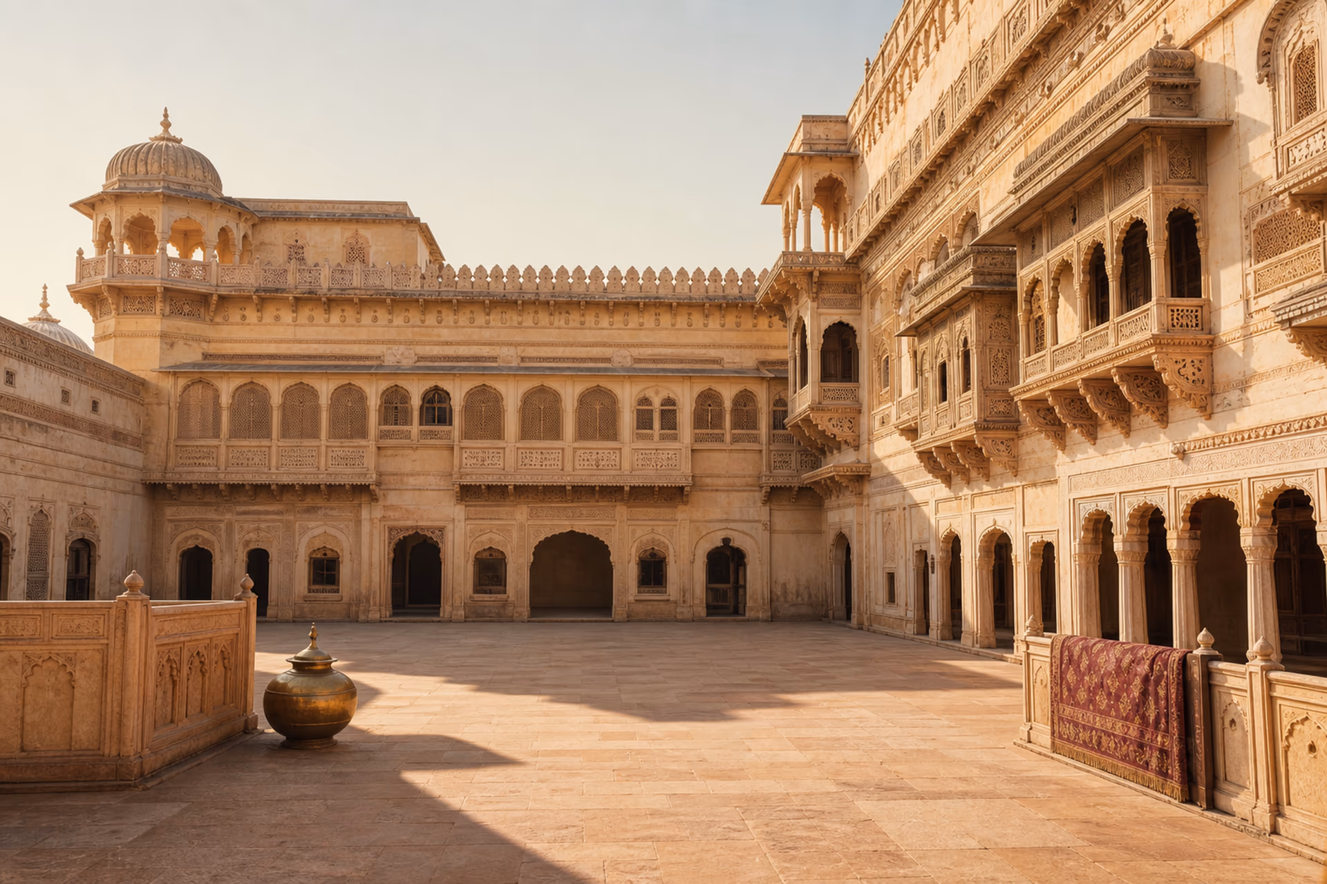 Empty Rajasthani palace courtyard in soft morning light