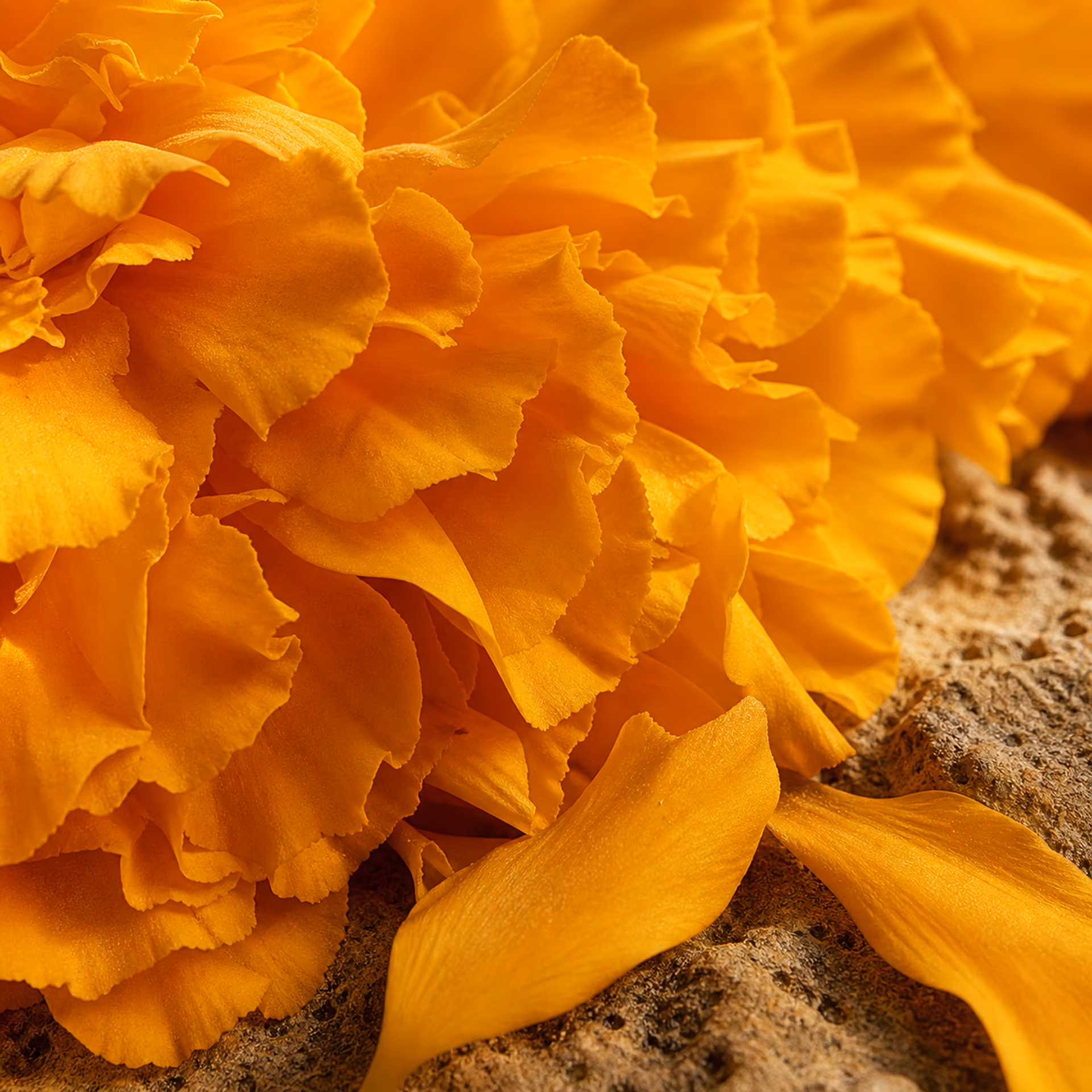 Layered marigold petals on aged sandstone