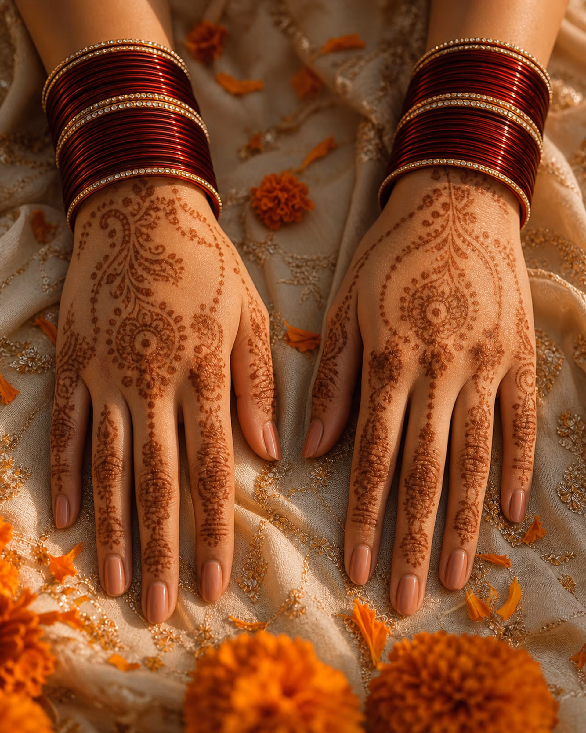 Left and right hands with fresh mehndi resting side by side on marigold-strewn ivory fabric