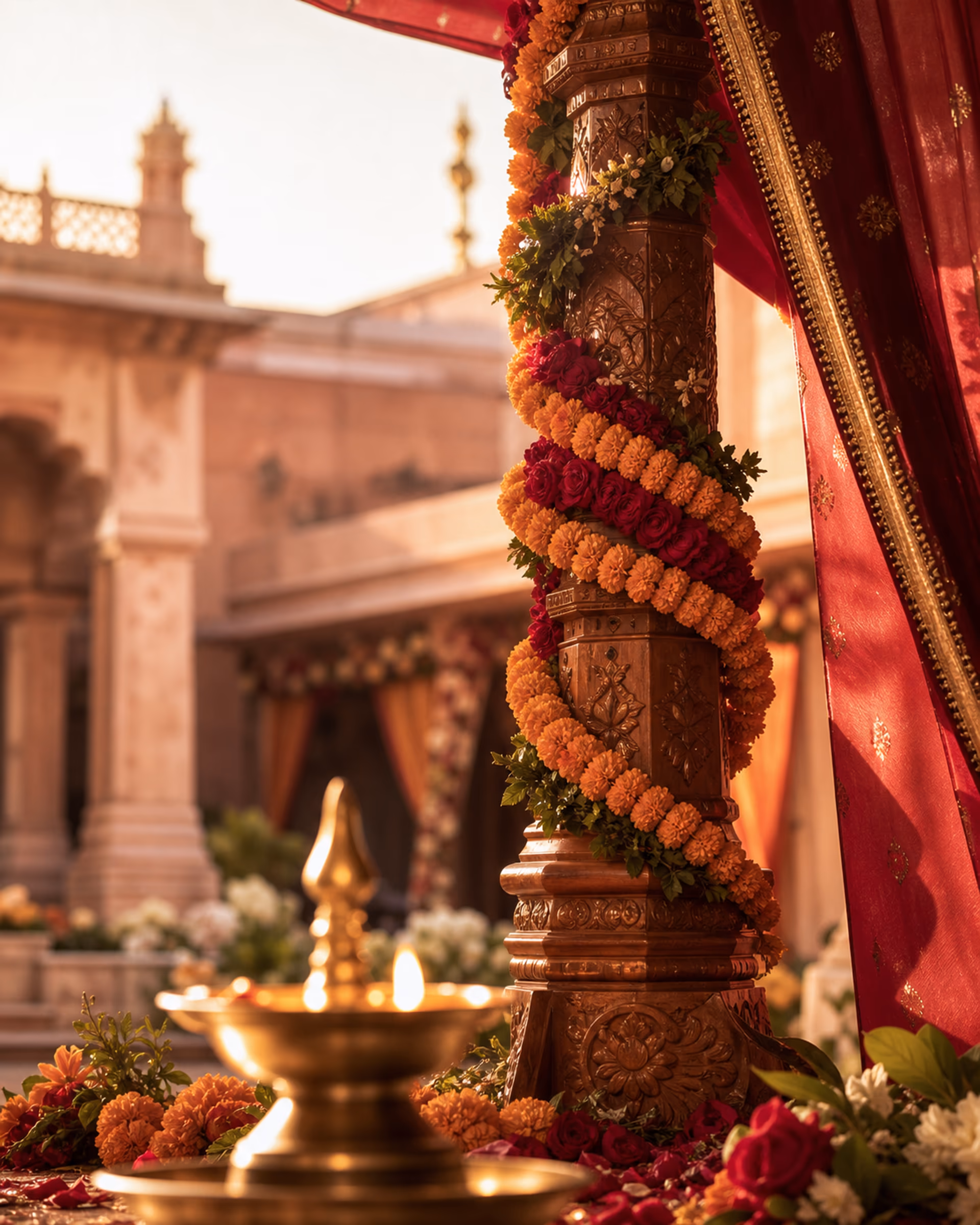Carved wedding mandap pillar wrapped in marigold and rose garlands