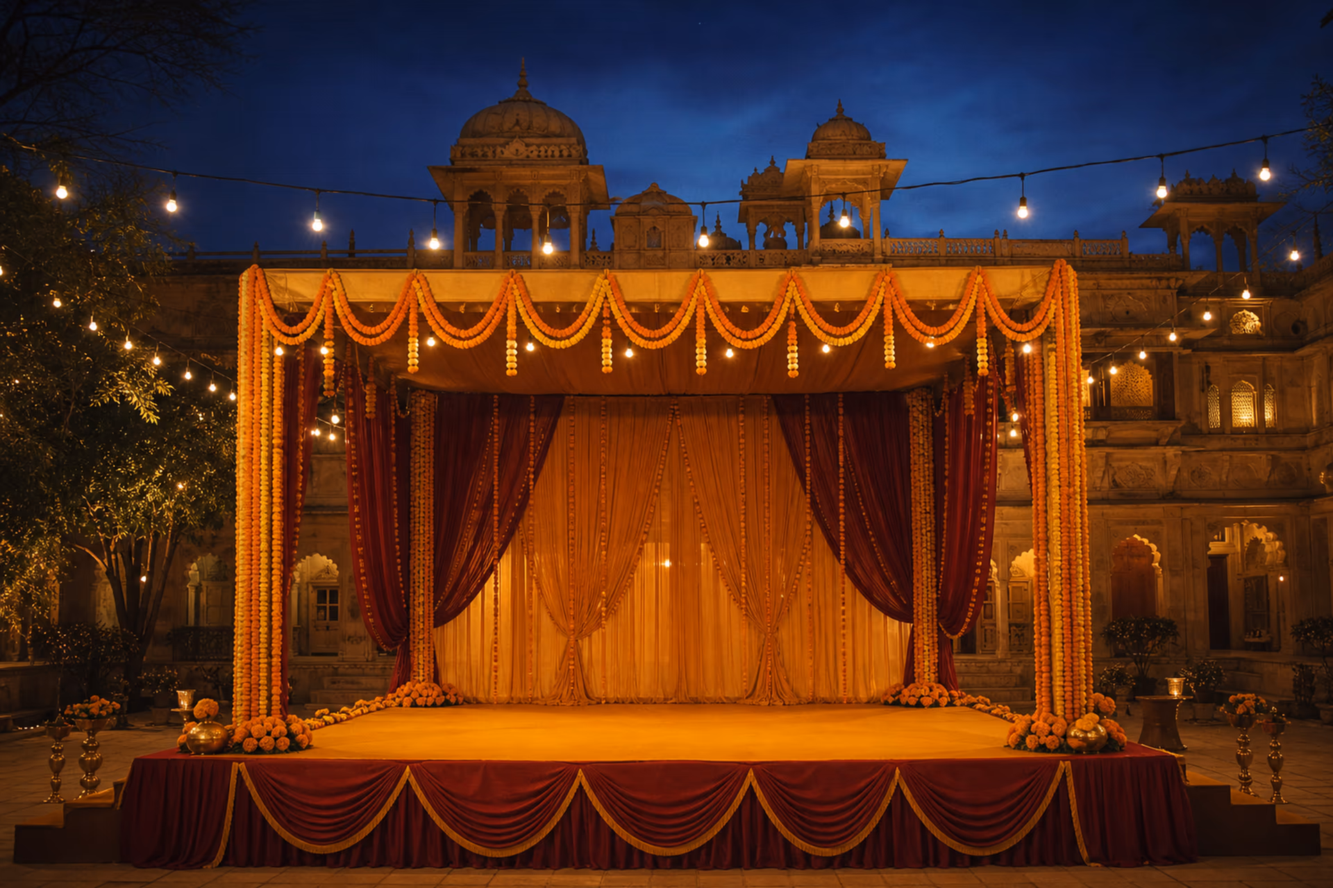 Empty sangeet stage in a palace courtyard at blue hour