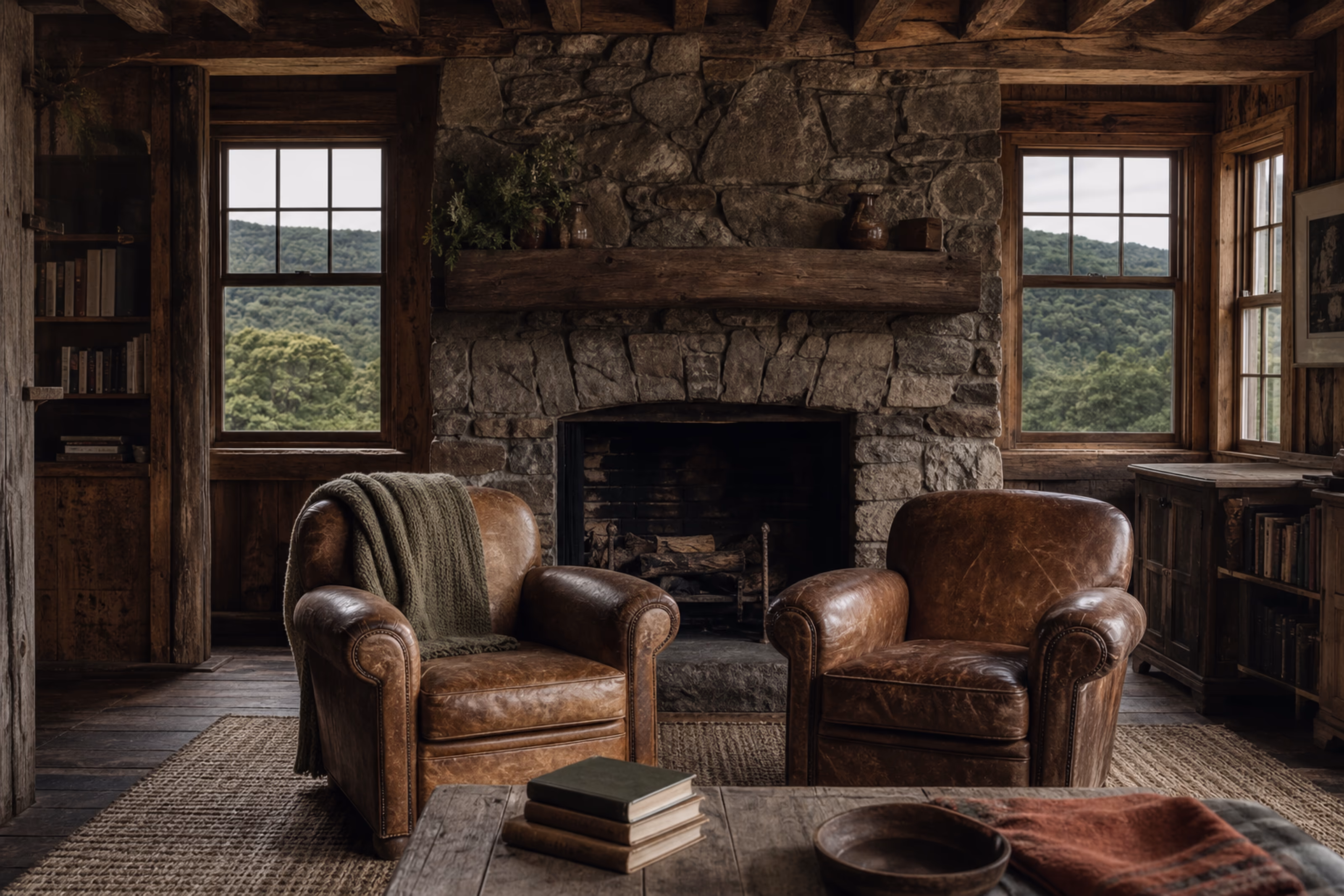Lived-in Catskills timber lodge with a fieldstone fireplace and rounded forest ridges beyond