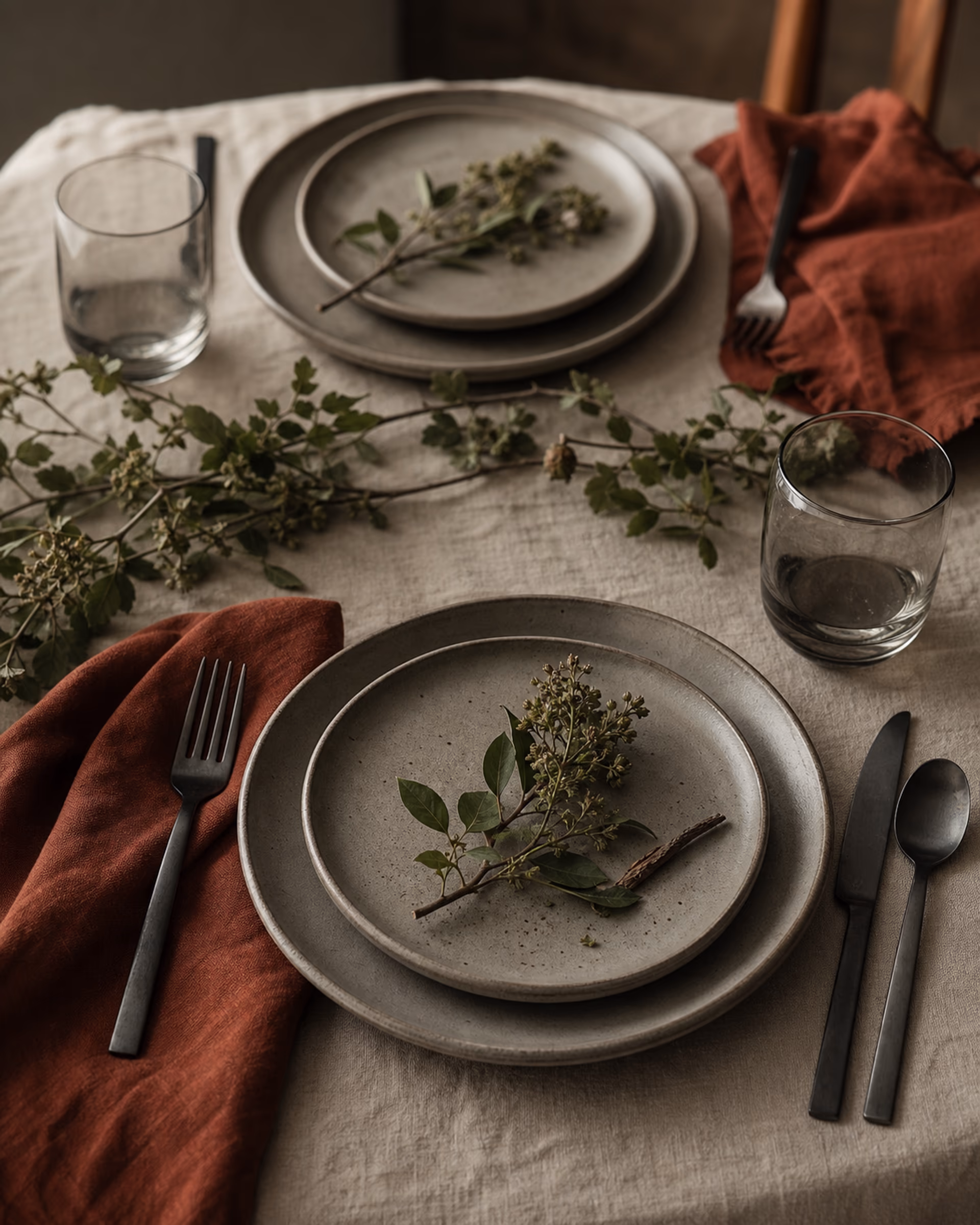Stoneware and rust linen arranged for two on an unbleached tablecloth