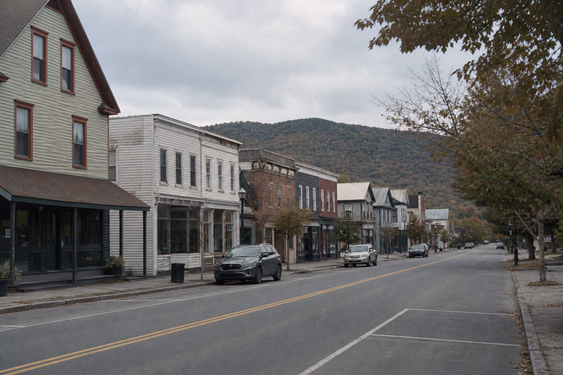 Quiet Catskills main street with muted clapboard storefronts