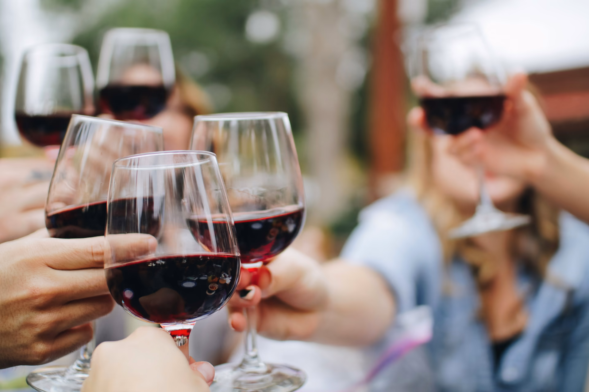 Glasses lifted together, one bright clink of red wine in the noon light.