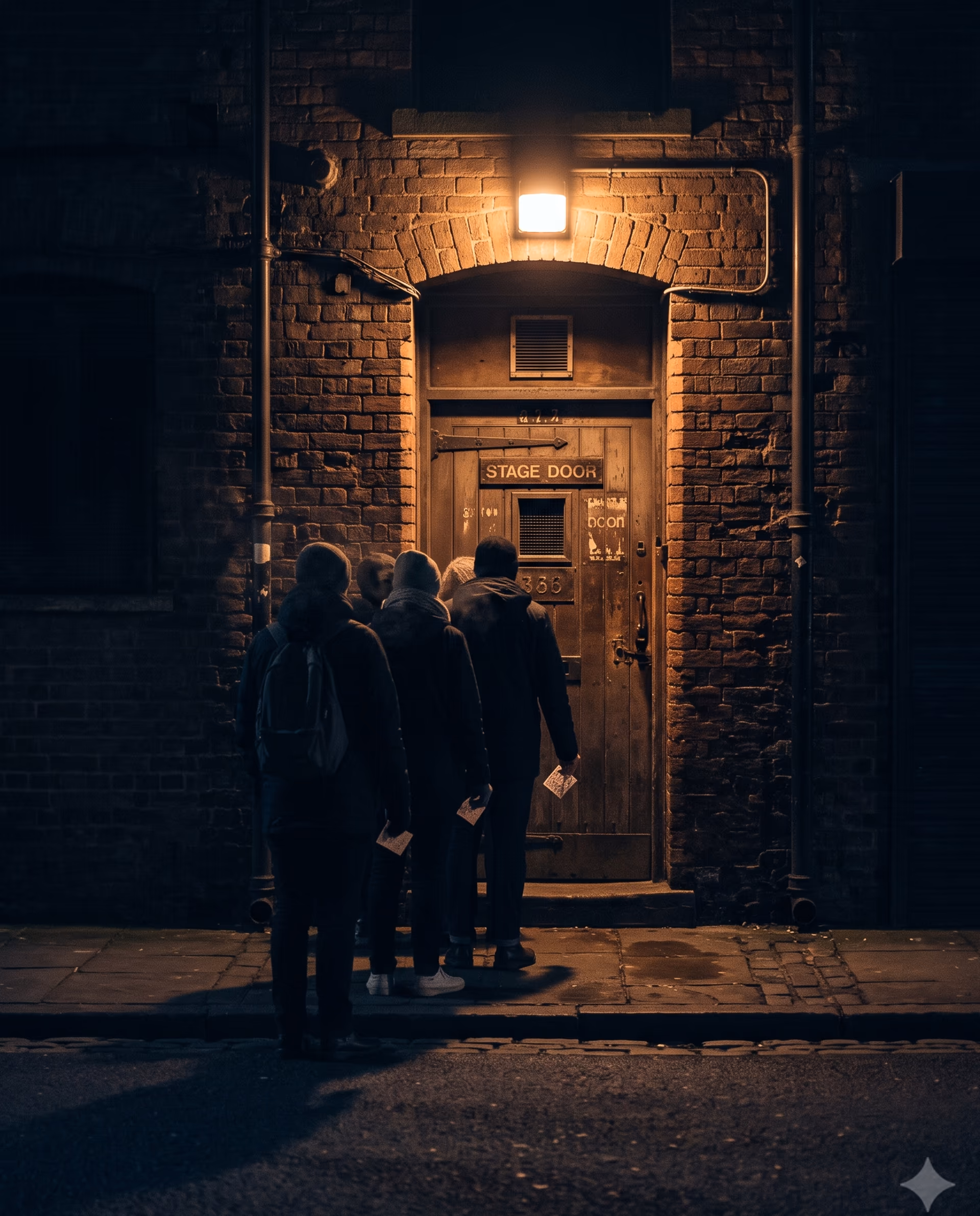 A short queue of silhouetted figures at the venue's stage door under one tungsten bulkhead lamp