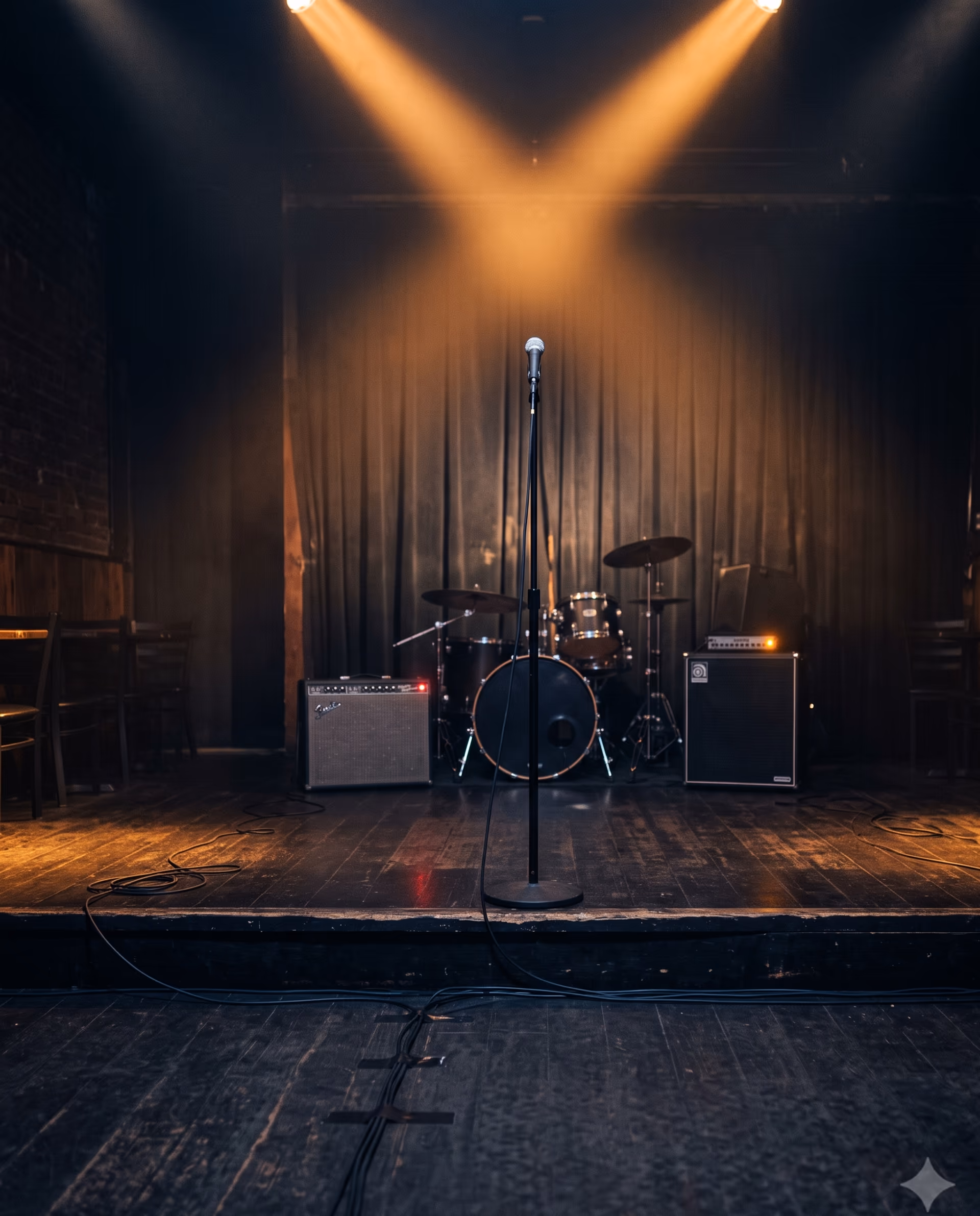 The empty Foundry hall interior ten minutes before doors, haze hanging in two crossed orange beams
