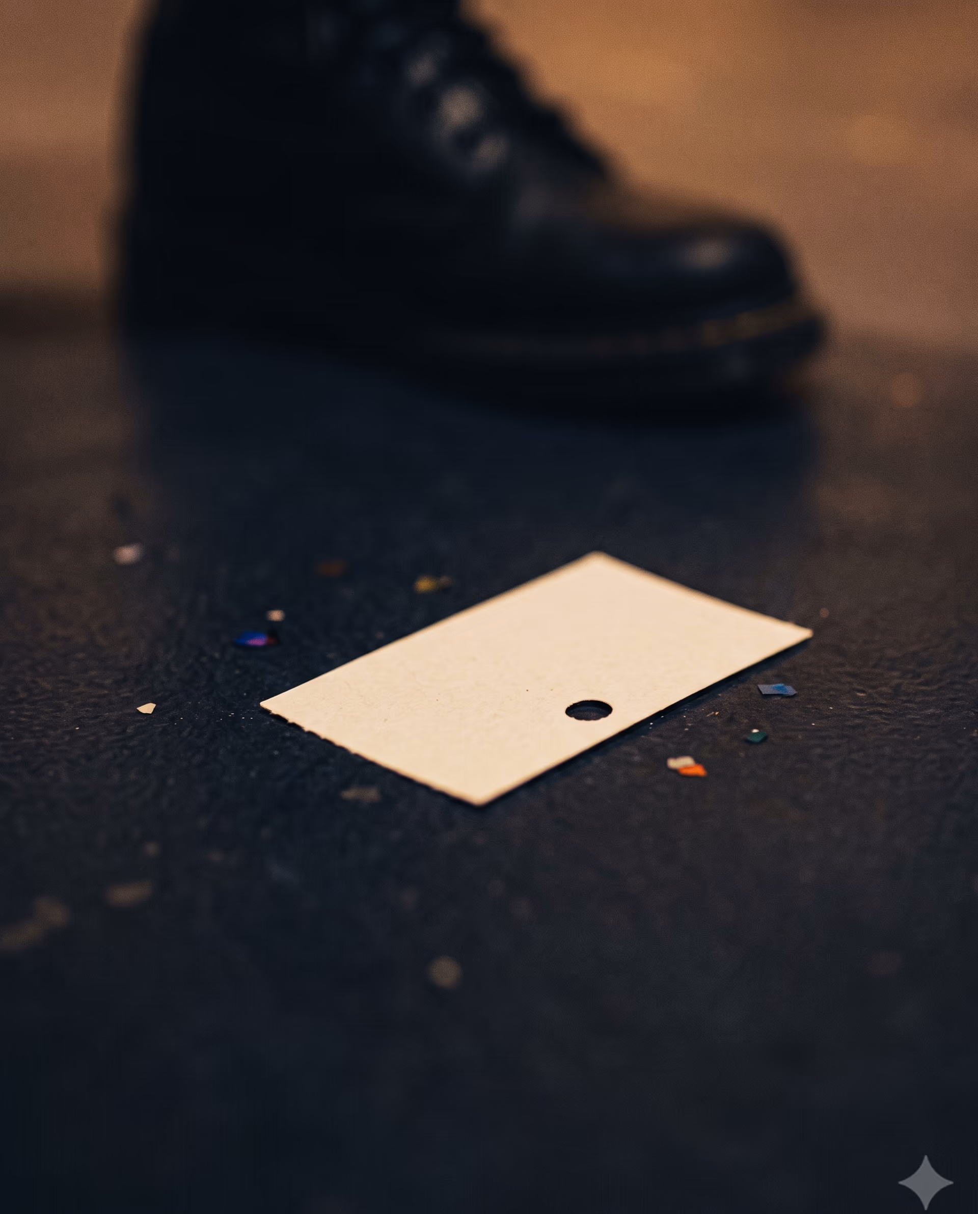 Macro of a cream ticket stub on the venue floor after the show, punched hole visible, confetti flecks