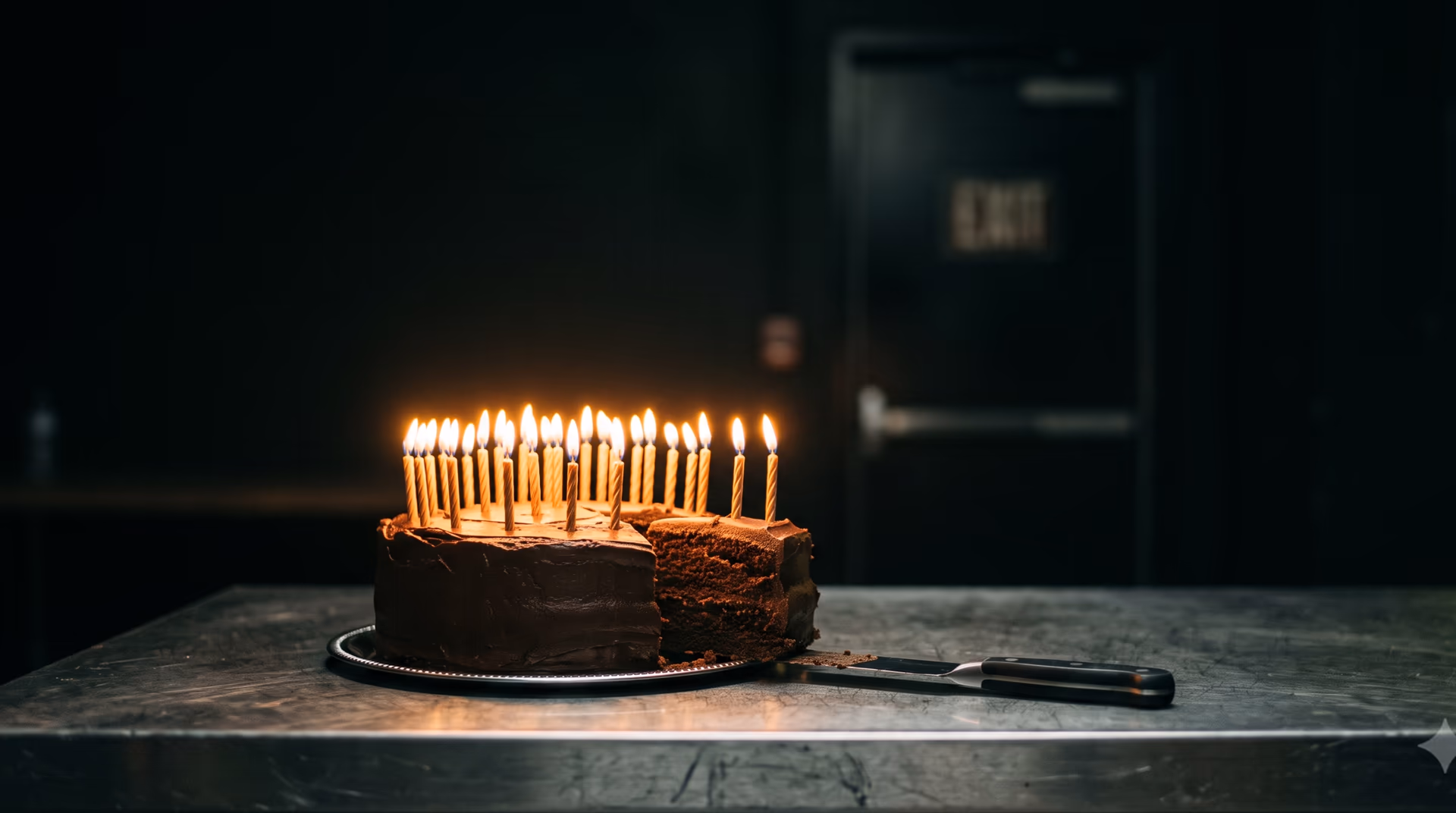 A dark chocolate cake with lit candles on a steel prep table backstage, lights cut low