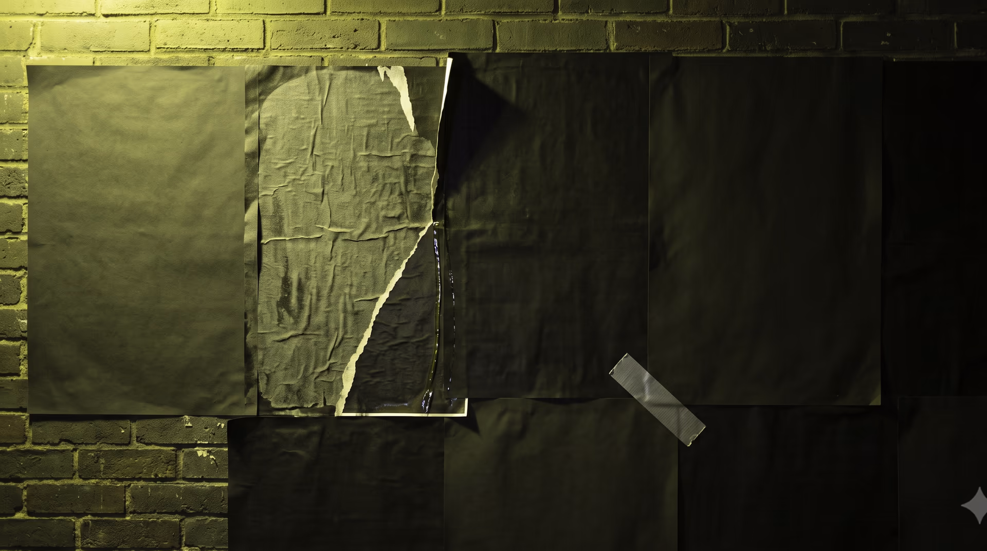 A freshly wheat-pasted city wall at night, one sheet torn to show the layer beneath