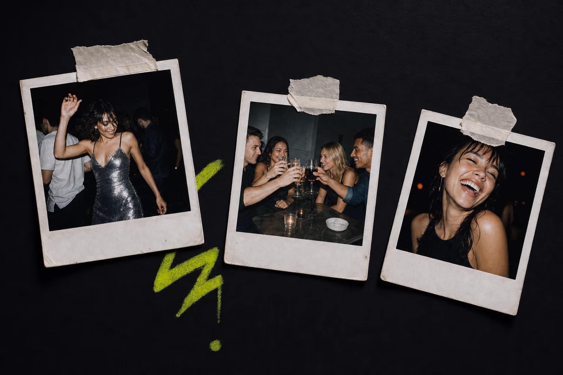 Three flash-lit party photographs taped to a black wall