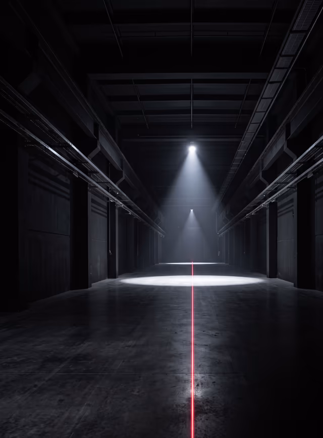 A black portal opens onto an unlit runway tunnel marked by one red laser line.